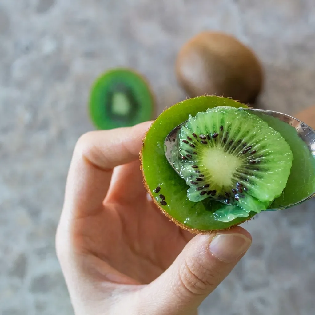 Close-up of a hand scooping fresh green kiwi with a metal spoon