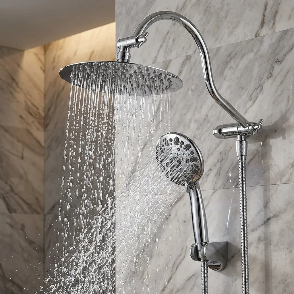 A polished chrome dual shower head system mounted against a light marble tile wall, with water actively spraying from both the wide overhead rainfall showerhead and the detachable handheld wand.