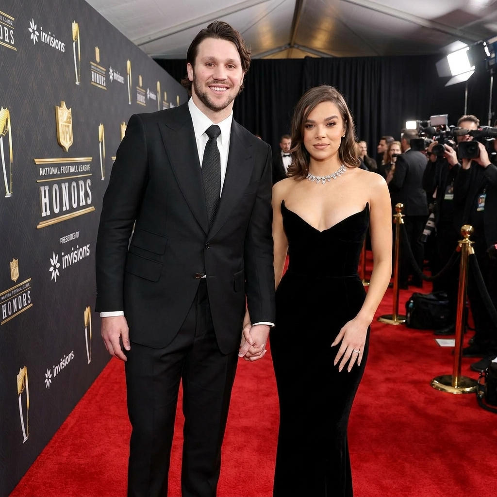 Actress Hailee Steinfeld and football player Josh Allen posing together happily.