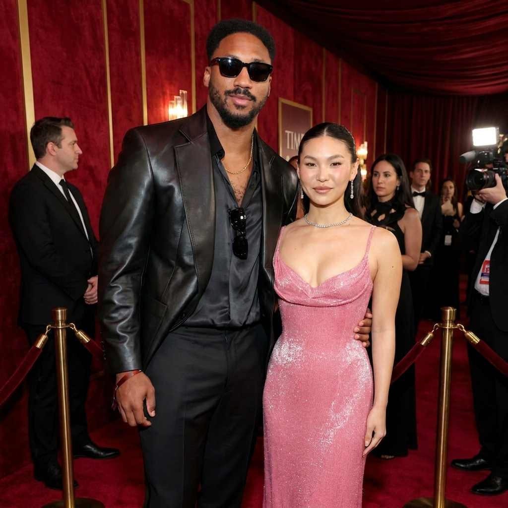 Olympic snowboarder Chloe Kim and NFL star Myles Garrett posing for a photo.