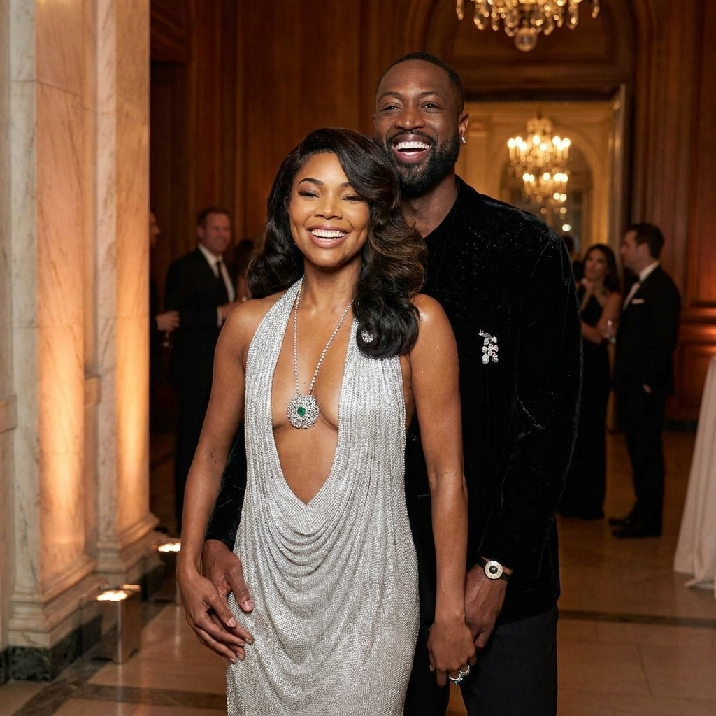 Actress Gabrielle Union and former NBA star Dwyane Wade smiling at an awards ceremony.