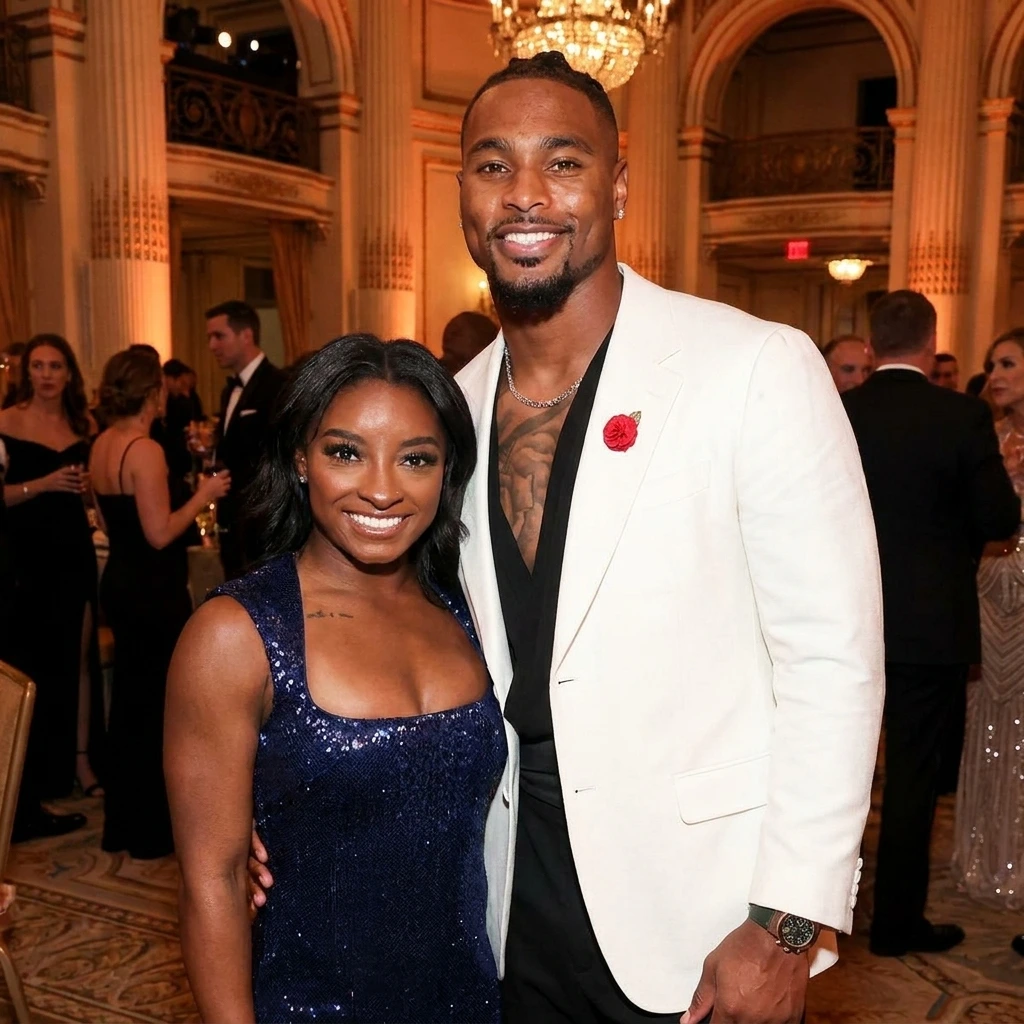 Olympic gymnast Simone Biles and NFL player Jonathan Owens smiling together.
