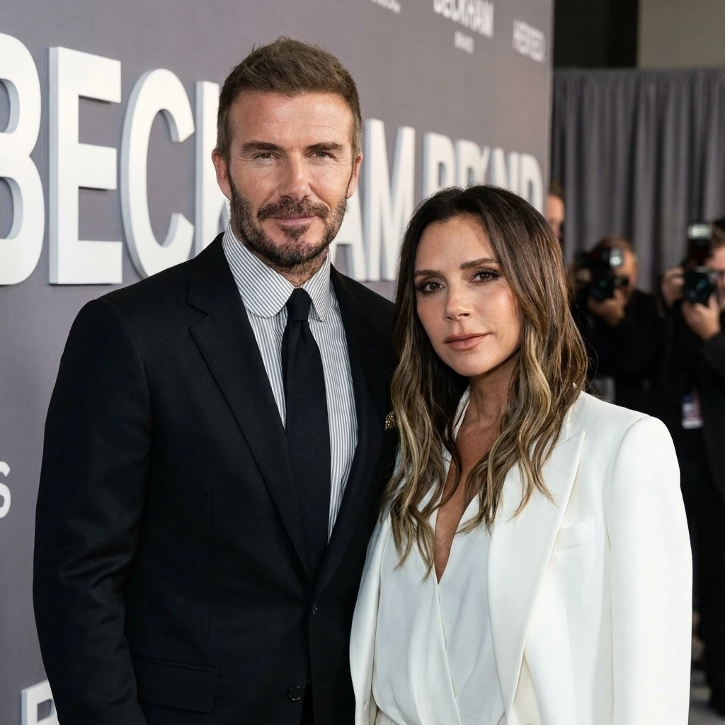 Fashion designer Victoria Beckham and soccer legend David Beckham posing together.