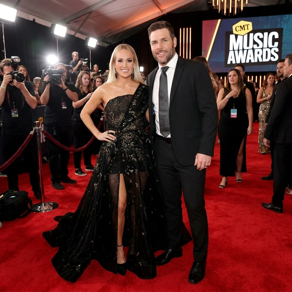 Country singer Carrie Underwood and former NHL player Mike Fisher on the red carpet.