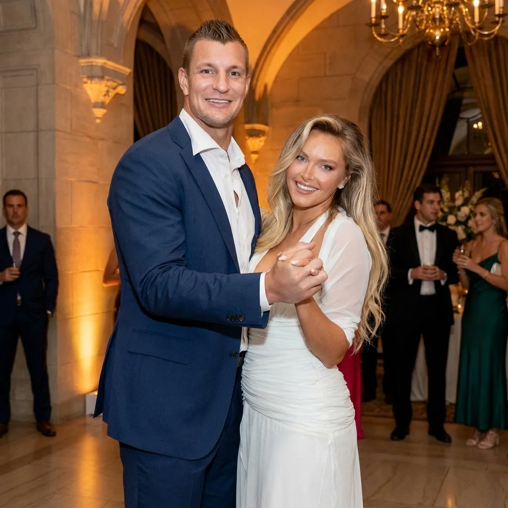 Model Camille Kostek and former NFL tight end Rob Gronkowski laughing at an event.