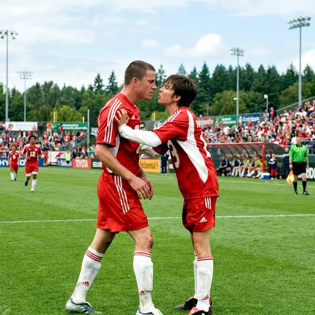 Two soccer players wearing red and white uniforms standing face-to-face on a soccer pitch during a daytime match, with a crowd watching from the stadium seating in the background.