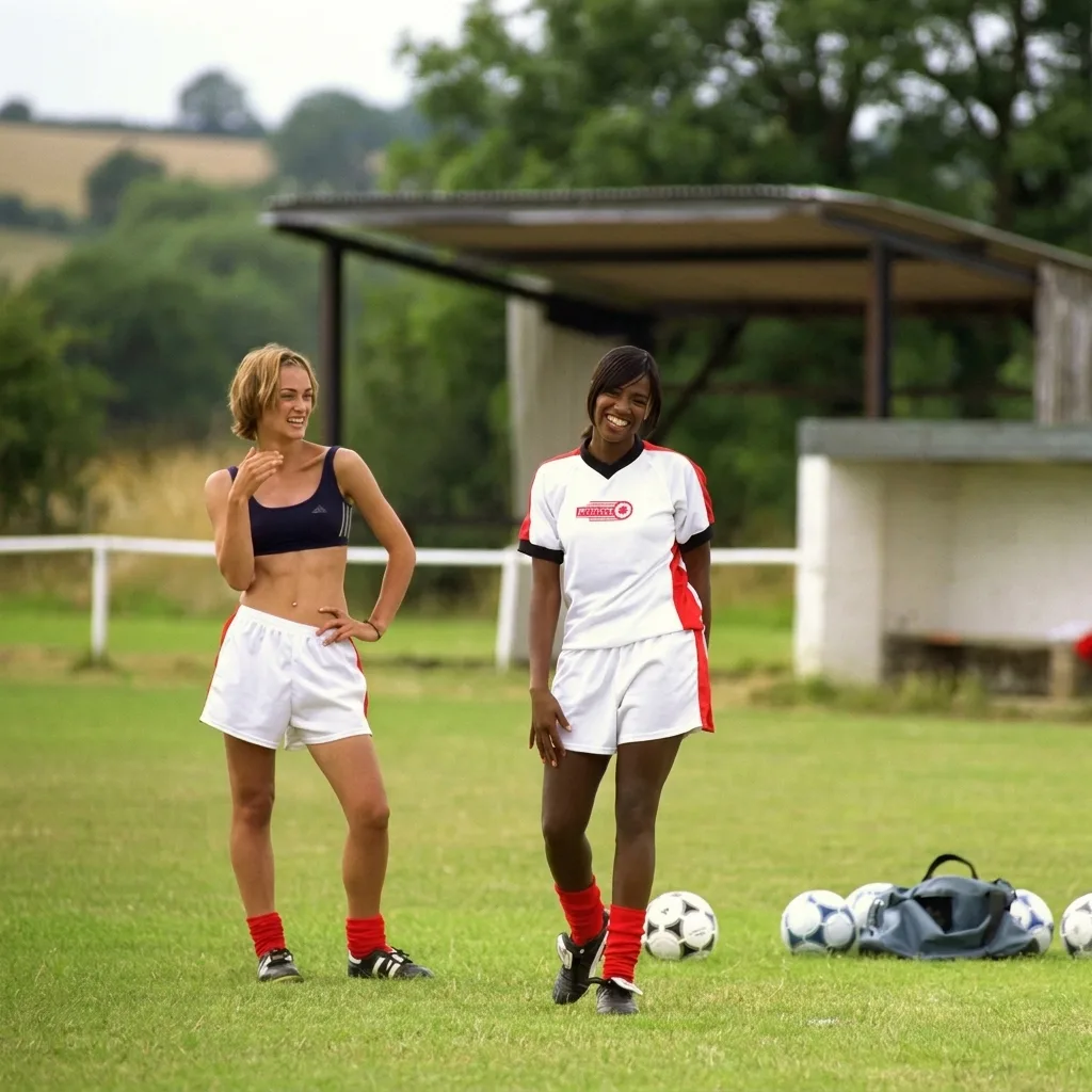 Two female soccer players smiling and laughing on a grass field, one wearing a navy sports bra and white shorts, the other in a white and red soccer uniform, with soccer balls and a gear bag on the ground nearby.