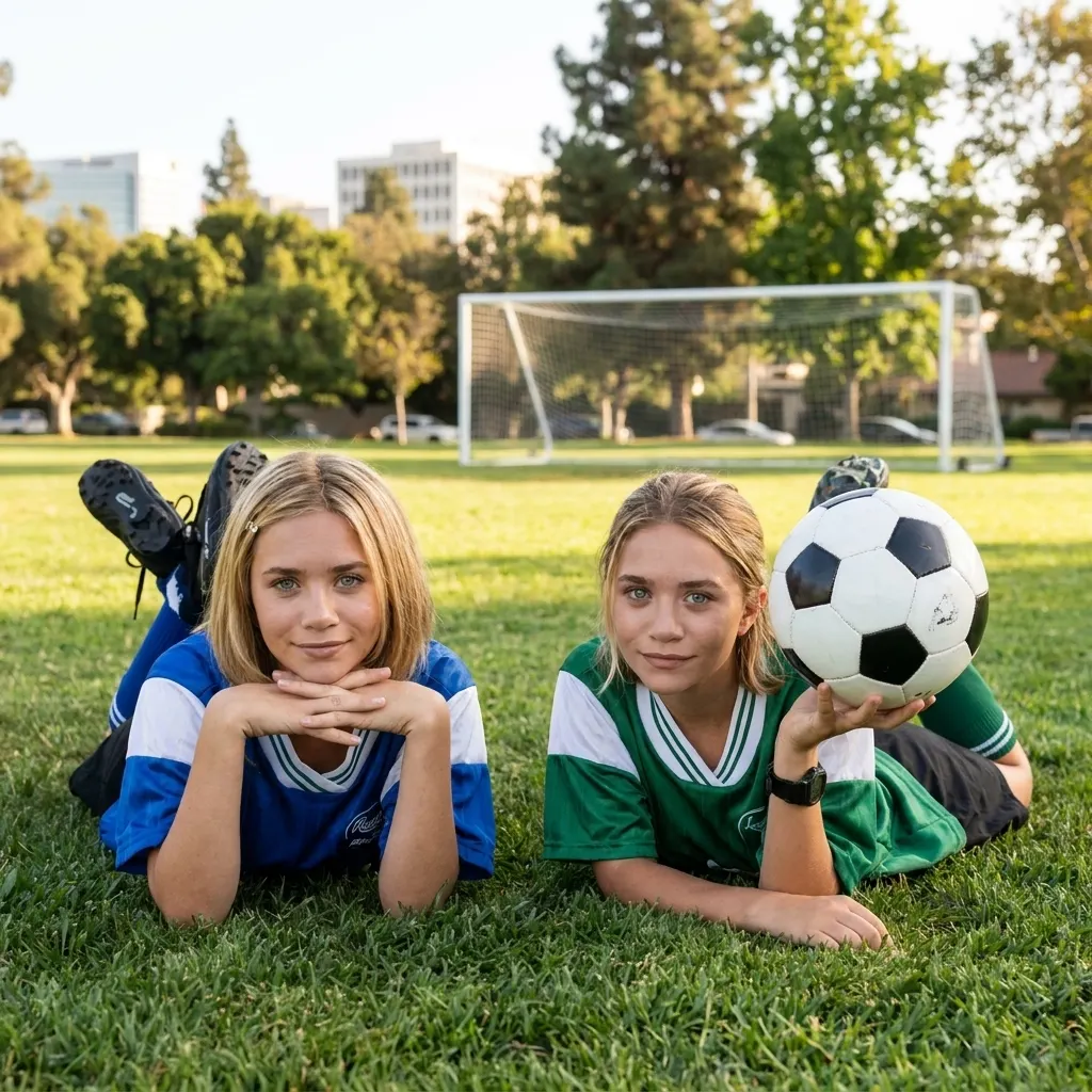 Mary-Kate and Ashley Olsen lying on a grassy soccer field wearing blue and green sports jerseys, with one holding a classic black and white soccer ball.