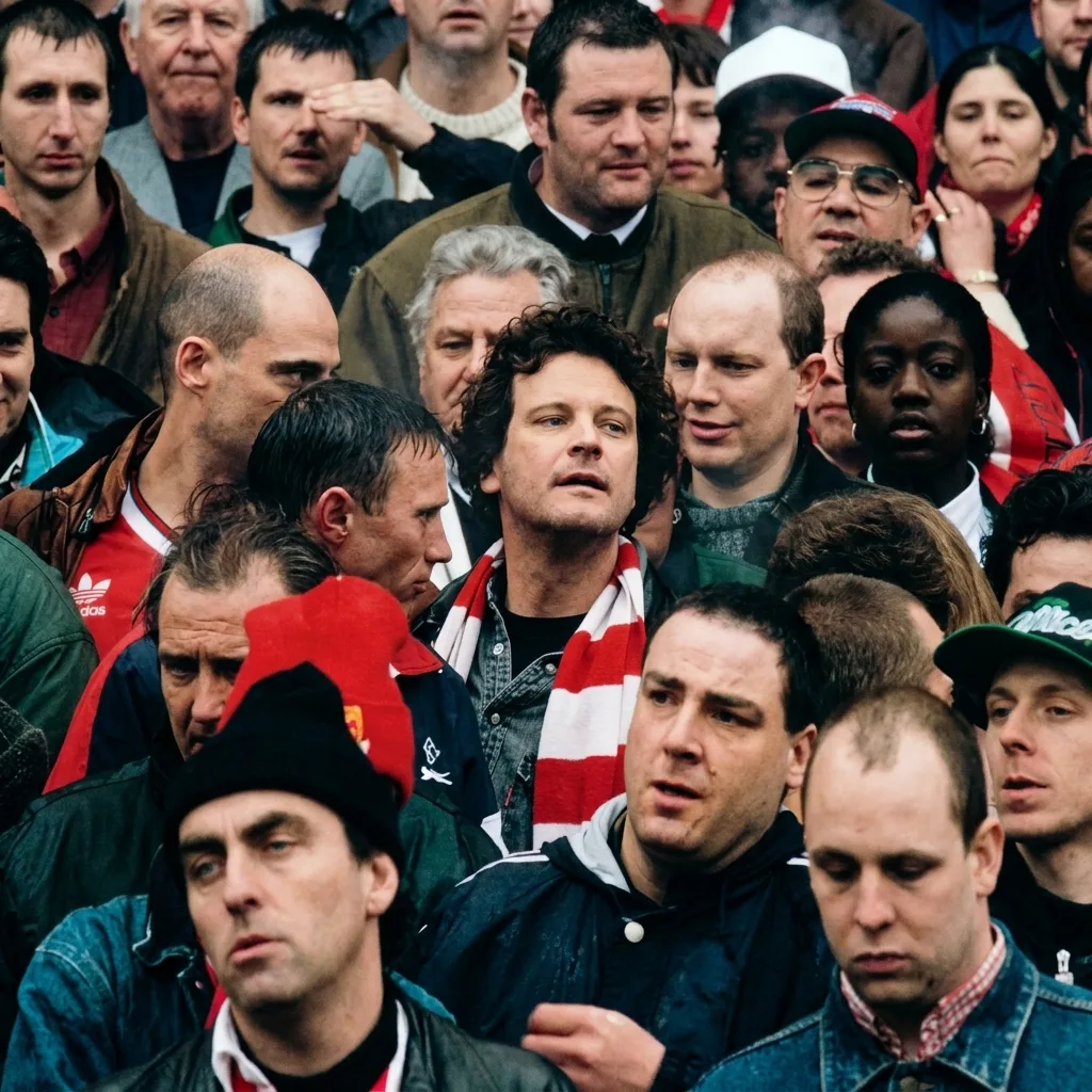 Colin Firth wearing a red and white scarf, looking intensely focused among a dense crowd of football fans in stadium terraces.