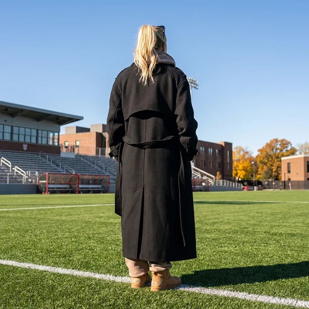 Blonde woman wearing a long black trench coat and tan winter boots standing on the sidelines, looking out over a green turf football field.
