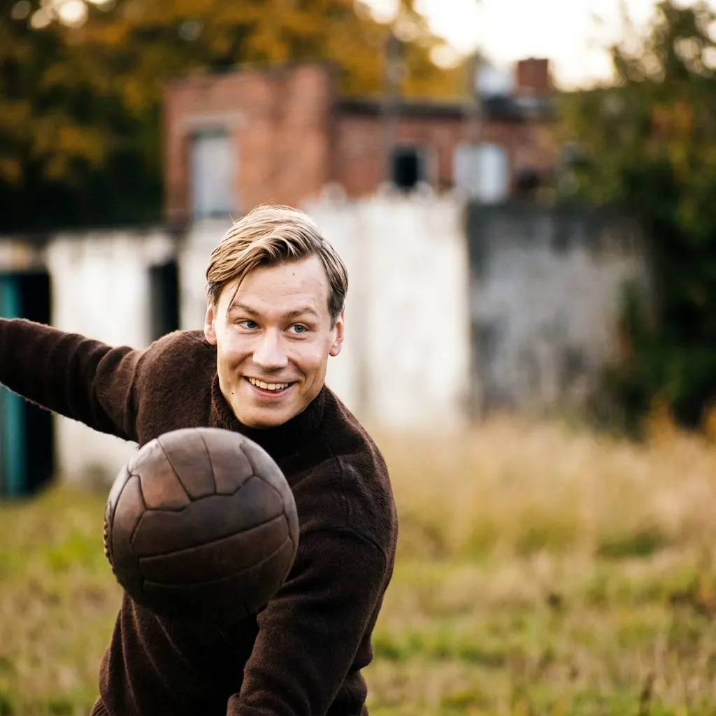Smiling young man in a brown turtleneck sweater throwing a vintage brown leather football in a grassy outdoor setting.