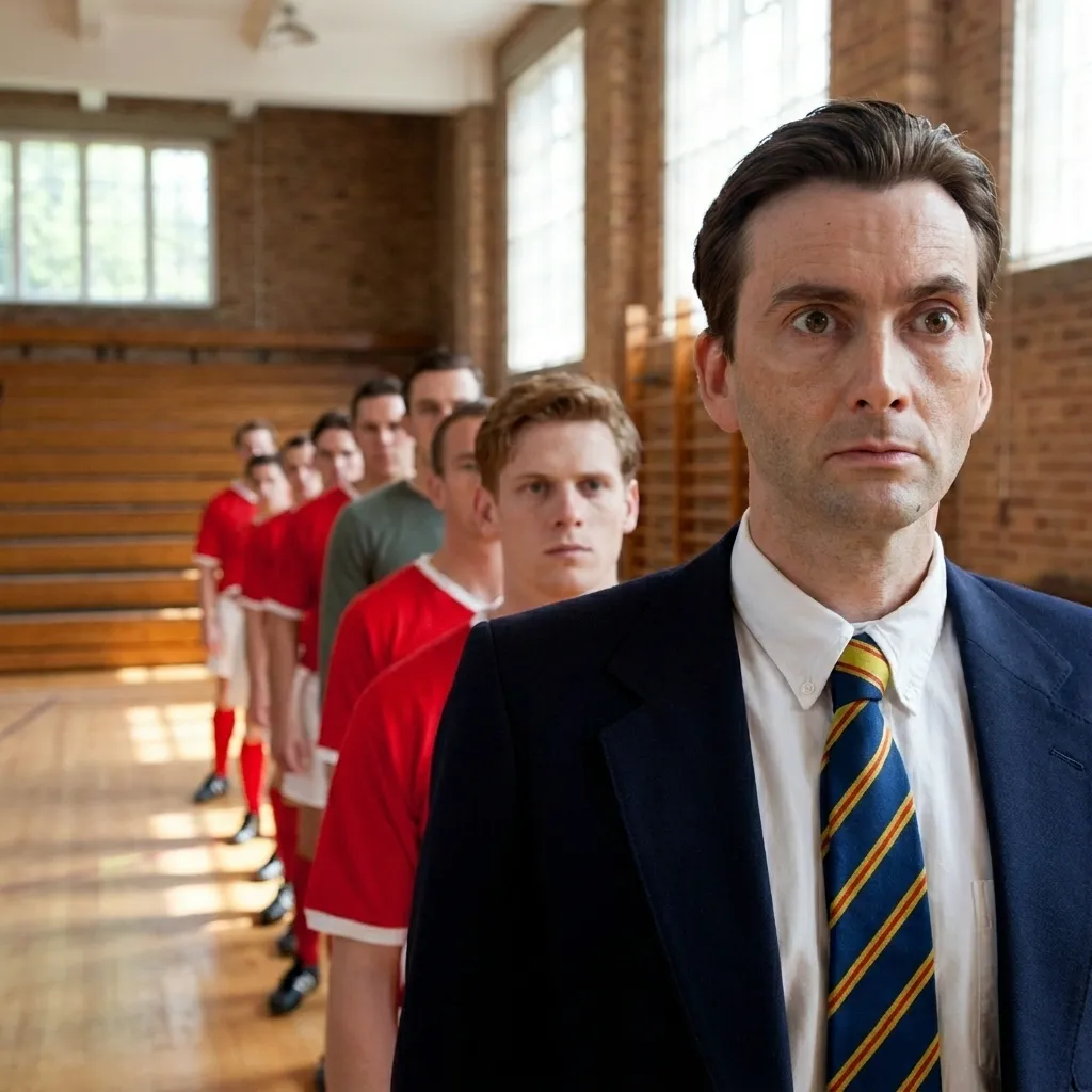 David Tennant portraying a football manager in a suit and tie, standing in a gymnasium with a team in red uniforms lined up behind him.