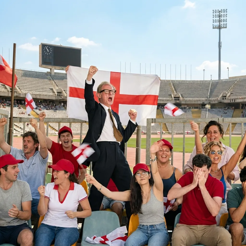 Enthusiastic soccer fan in a suit cheering in the stadium stands while proudly holding the flag of England surrounded by a crowd.