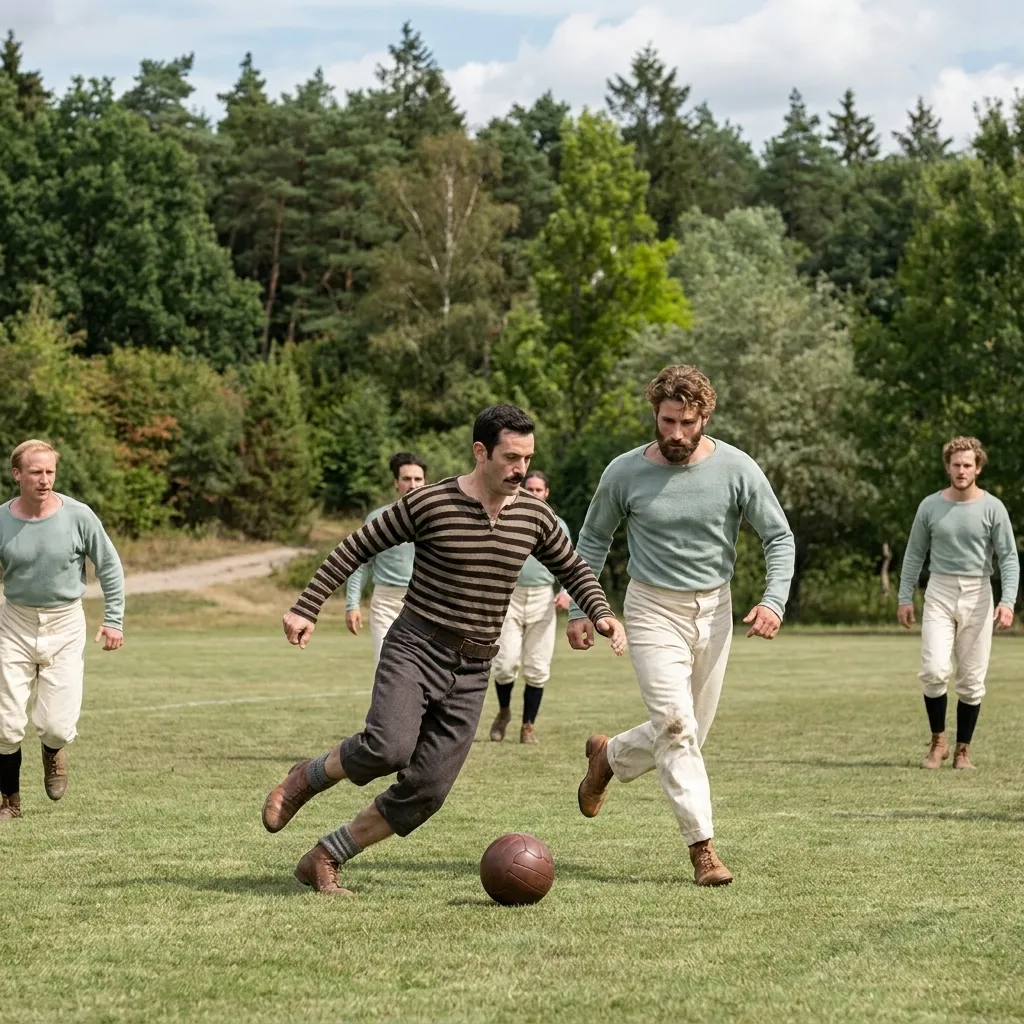 Actors playing vintage football in retro striped shirts and trousers, kicking a classic brown leather soccer ball on a grass pitch.