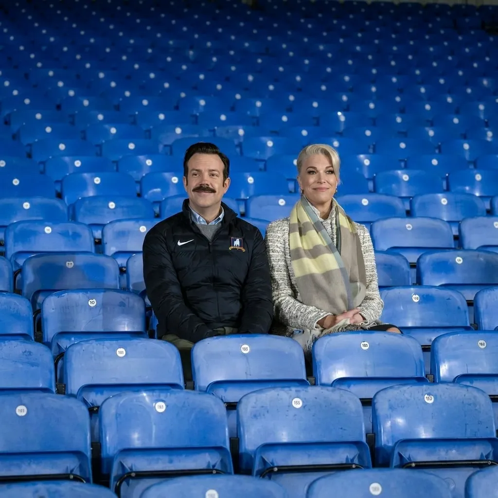 Jason Sudeikis and Hannah Waddingham sitting together in empty blue stadium seats looking forward.
