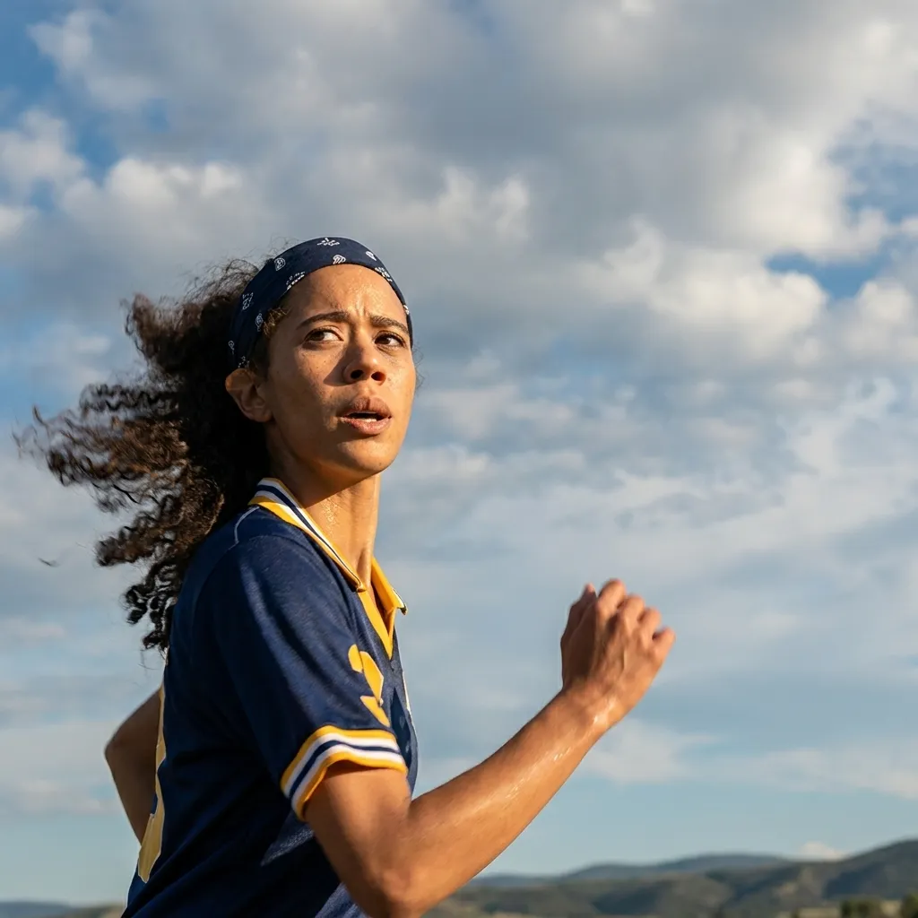 Determined female athlete with curly hair and a navy bandana running outdoors in a blue and yellow sports jersey.