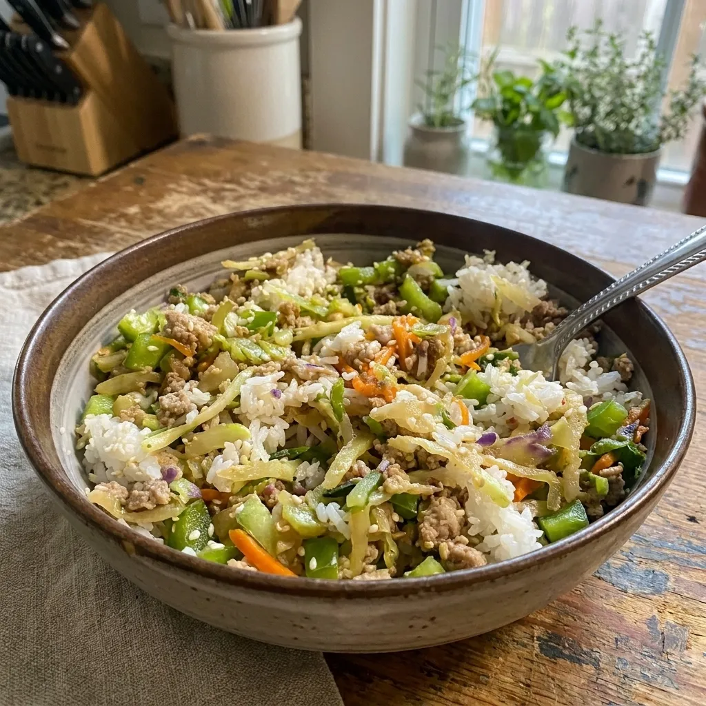 Ground meat and vegetable rice bowl featuring white rice, shredded cabbage, carrots, and green bell peppers garnished with sesame seeds.