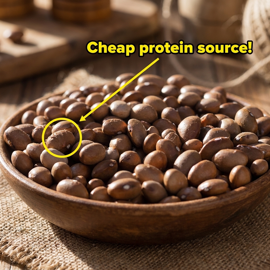 Close-up of a wooden bowl filled with brown beans, highlighted as a cheap plant-based protein source with a yellow text graphic overlay.