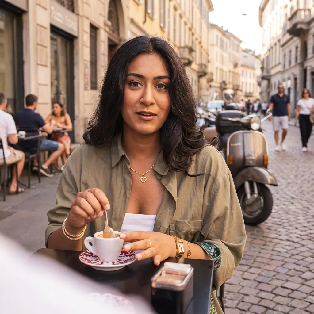 Young woman sitting at a table outside an Italian sidewalk cafe, smiling and stirring an espresso with a vintage scooter parked in the background.