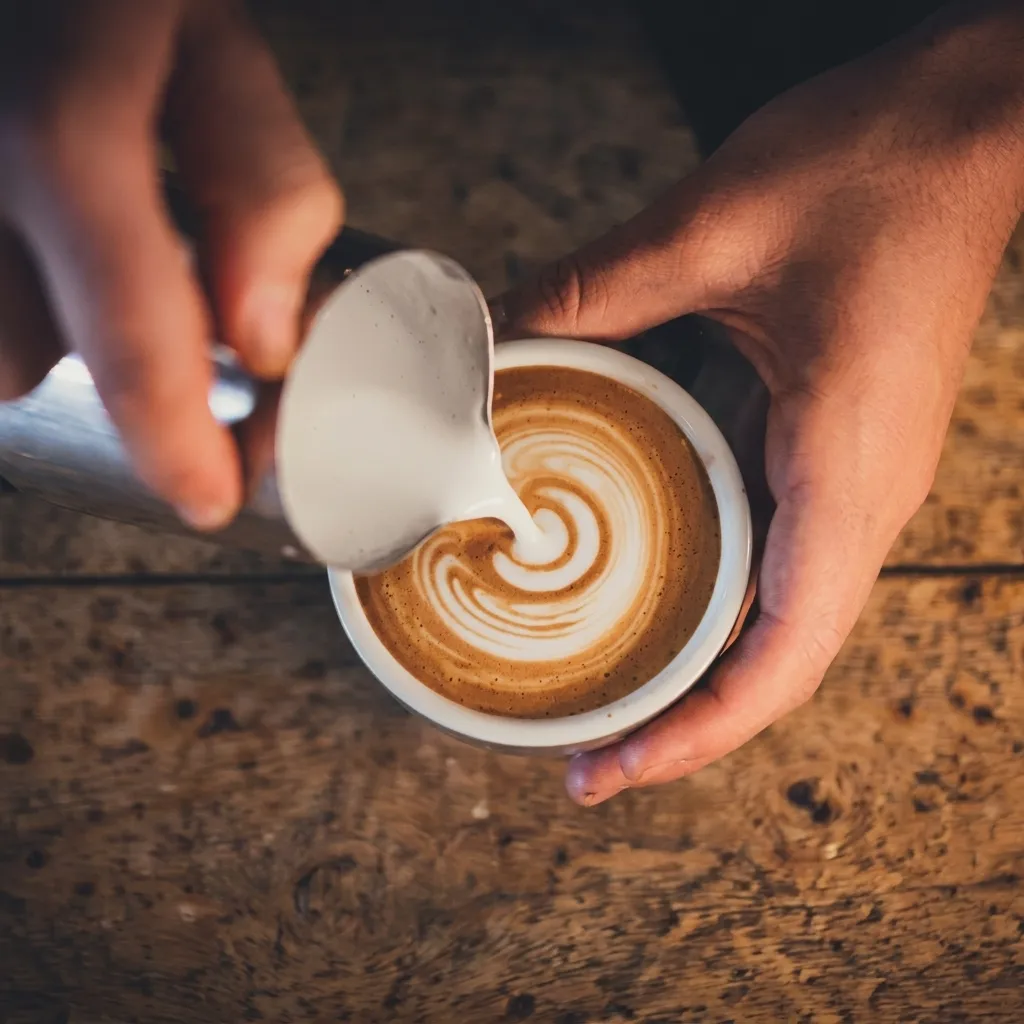 Close-up of a barista pouring steamed milk from a metal pitcher to create intricate latte art in a white ceramic mug.