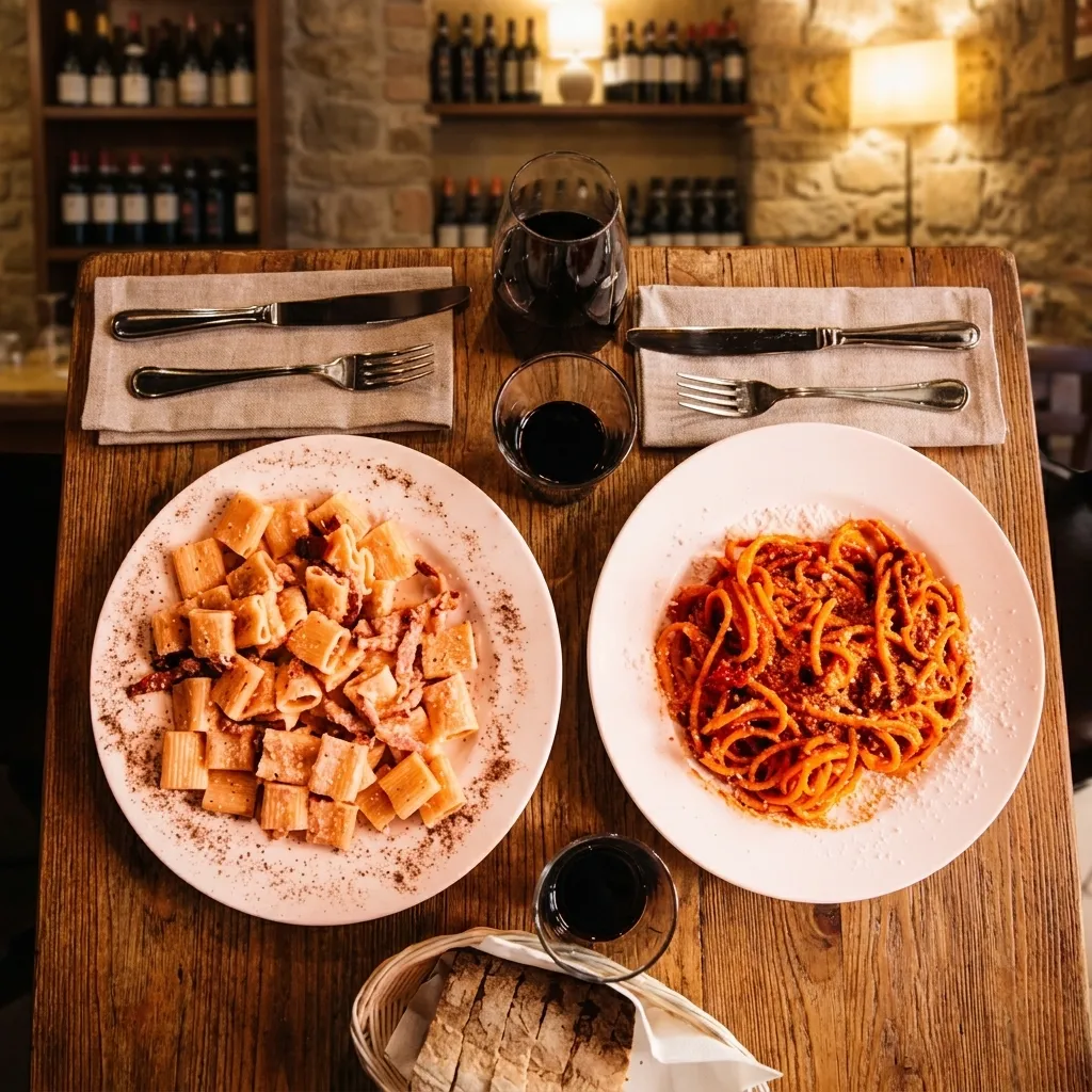 Top-down view of two plates of authentic Italian pasta and glasses of red wine set on a rustic wooden dining table.