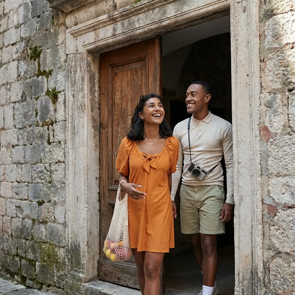 Young couple smiling as they walk out of a rustic stone doorway in a historic European town, with the woman carrying a mesh bag of fresh fruit.