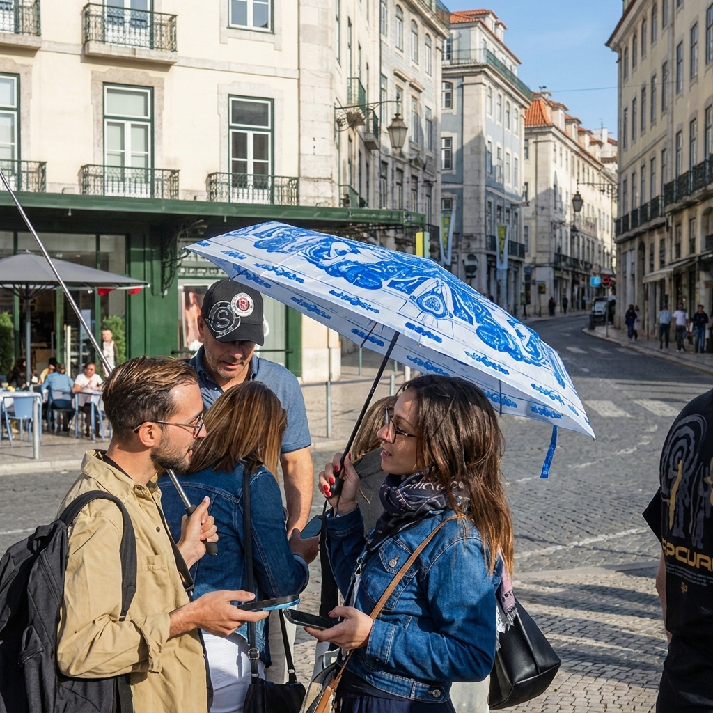 Group of people standing on a sunny cobblestone street, with one person holding a blue and white patterned umbrella