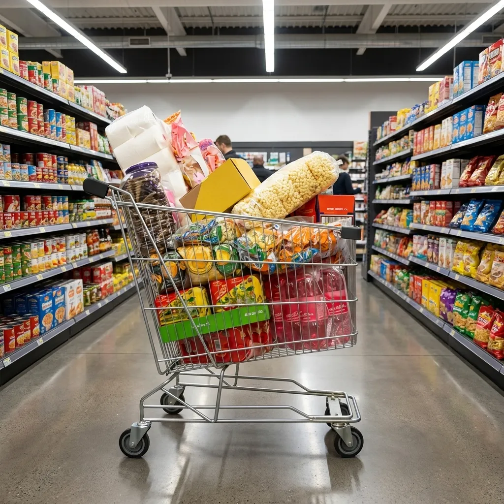 Overflowing shopping cart packed with bulk groceries and household items in a large, brightly lit supermarket aisle.
