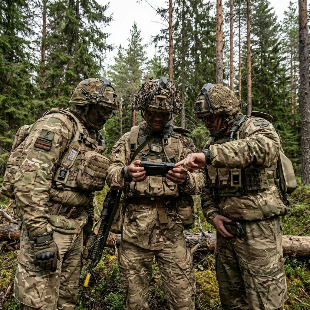 Three soldiers in camouflage uniforms and helmets gathered in a dense forest, examining a rugged handheld electronic device.