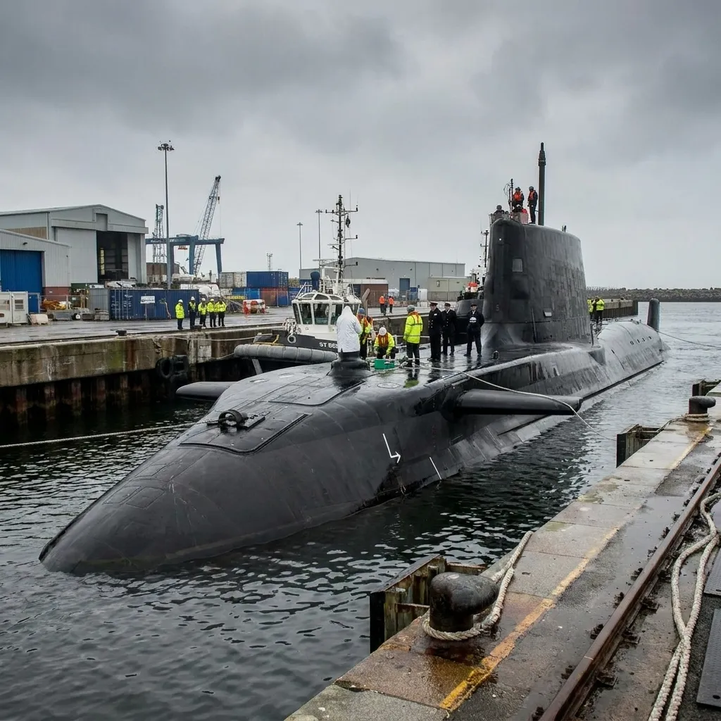 A large black submarine docked at a harbor pier on an overcast day, with personnel standing on its deck and a small boat alongside it.