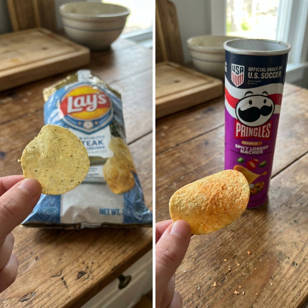 A side-by-side snack comparison showing a hand holding a Lay's Steak flavored potato chip next to its bag on the left, and a hand holding a Pringles Spicy Loaded Nachos crisp next to its can on the right.