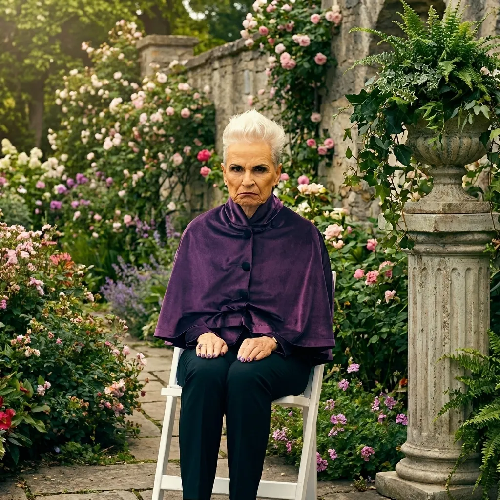 Older woman with short white hair wearing a purple velvet cape sitting on a white chair in a lush blooming rose garden