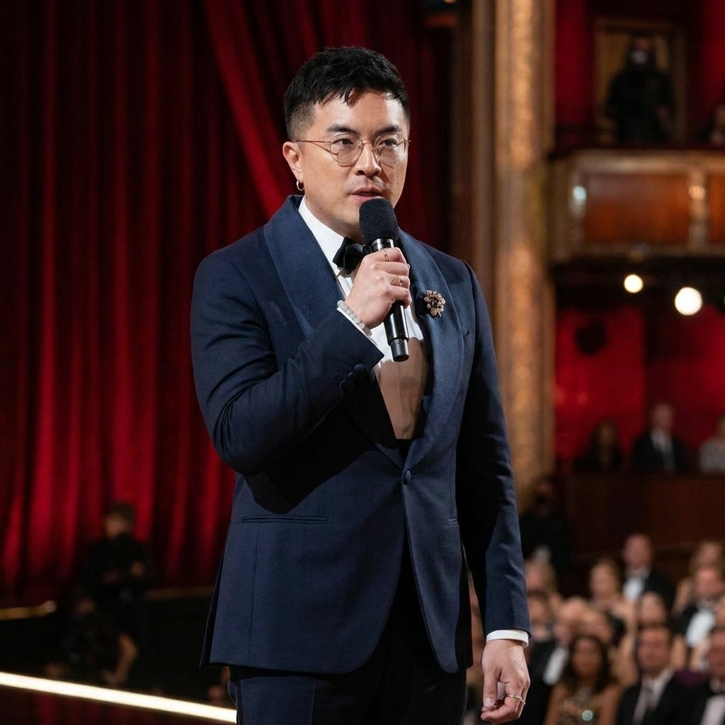 Bowen Yang standing on stage in a dark navy tuxedo and black bowtie, speaking into a microphone in front of a red velvet curtain