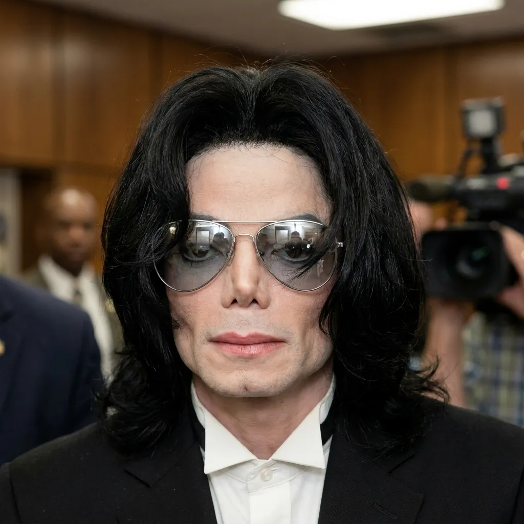 Close-up portrait of Michael Jackson wearing aviator sunglasses and a black suit inside a courthouse with media cameras in the background