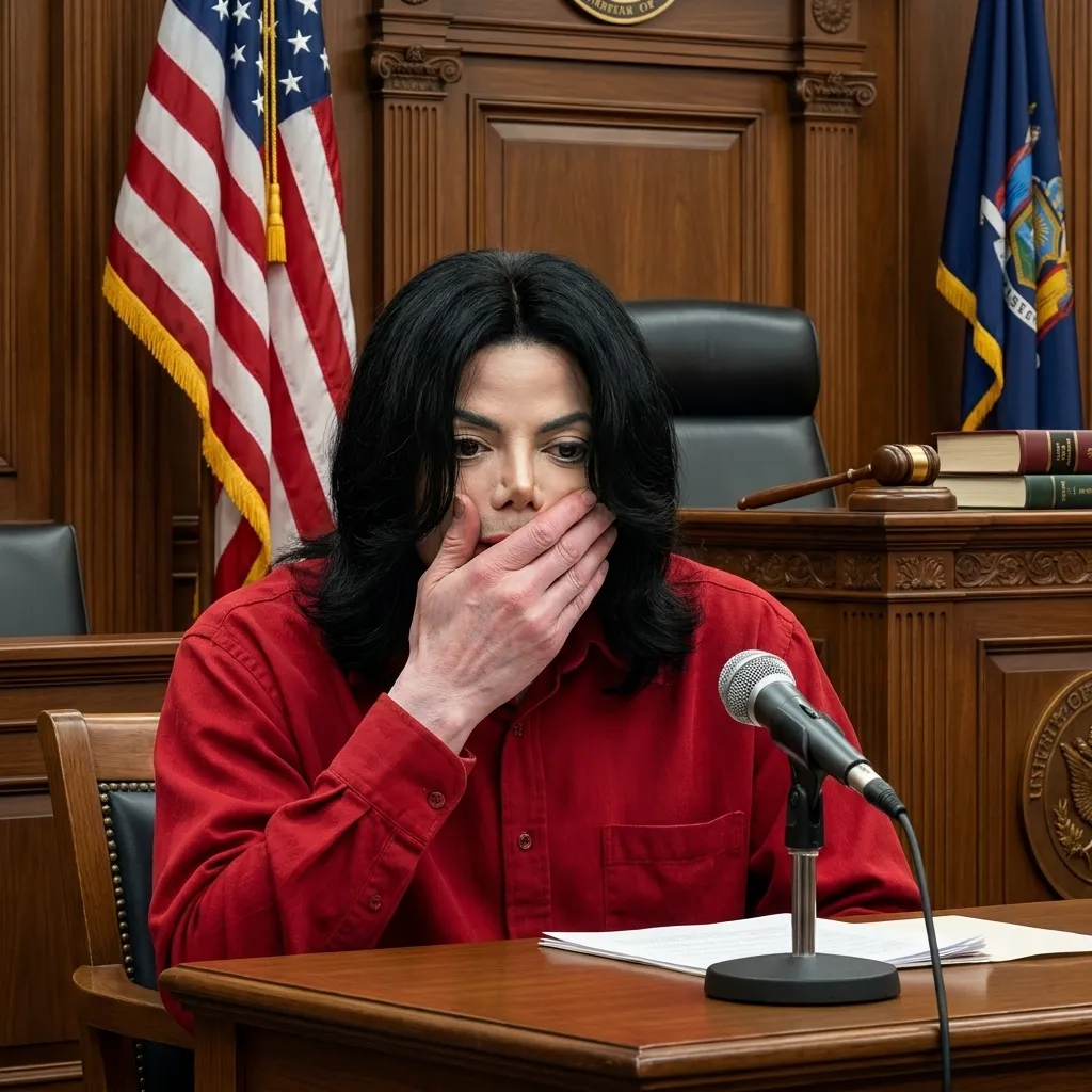 Michael Jackson reacting in a courtroom setting during a trial, wearing a red shirt and covering his mouth in shock