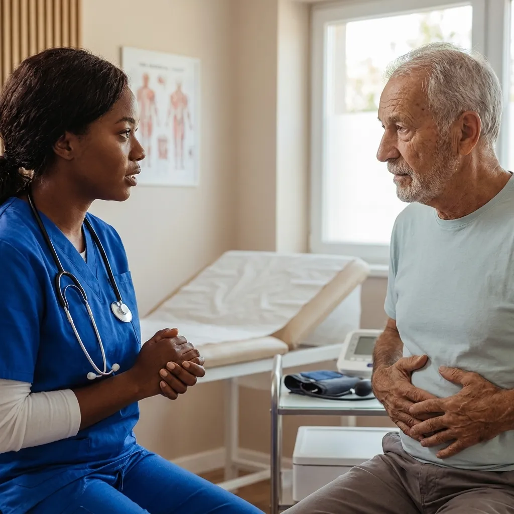 Healthcare professional in blue scrubs consulting with an elderly male patient experiencing stomach pain in a medical exam room.
