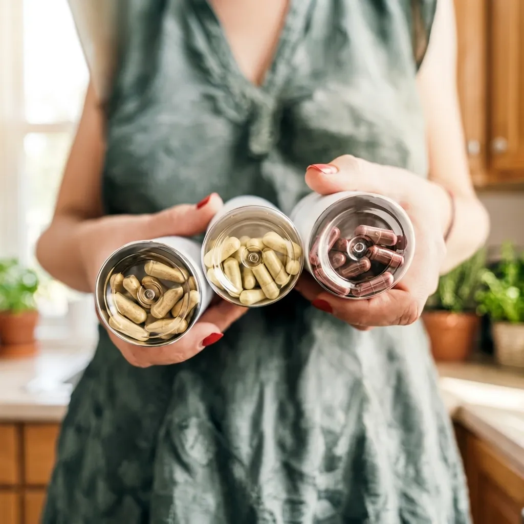Woman displaying three clear cylindrical bottles filled with various daily vitamin and dietary supplement capsules.