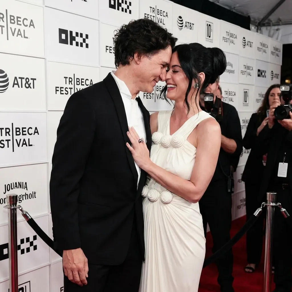 Justin Trudeau and Katy Perry sharing an intimate, joyful moment on a red carpet, standing close together with their foreheads touching and smiling widely. Trudeau is wearing a black suit, and Perry is wearing a white dress with decorative circular gathered details. A "Tribeca Festival" backdrop and a photographer taking their picture are visible behind them.