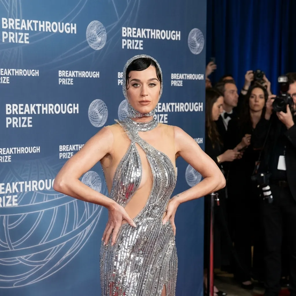 Katy Perry posing on a red carpet with her hands on her hips in front of a blue "BREAKTHROUGH PRIZE" backdrop. She is wearing an elaborate, glittering silver gown with cutouts and a matching silver headpiece that tightly frames her face and neck. Photographers and onlookers are visible in the background.
