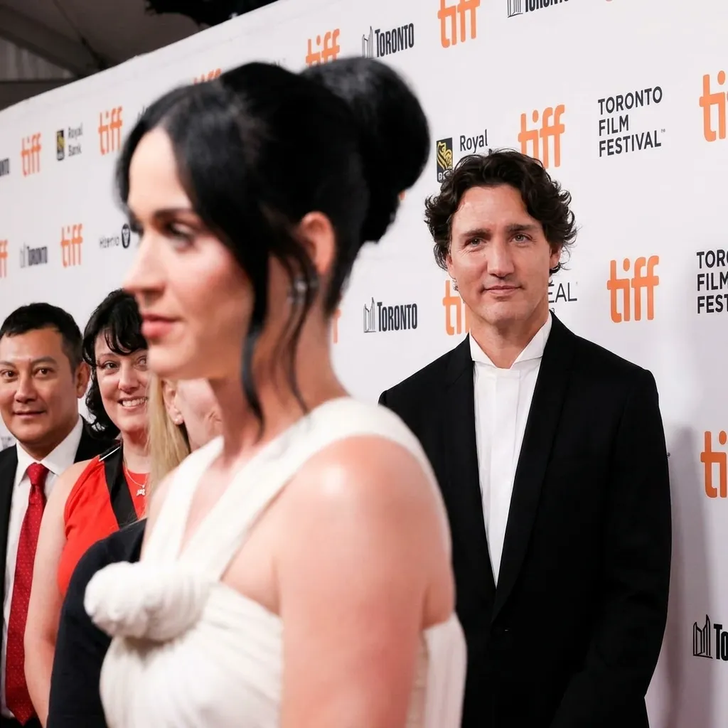 Justin Trudeau standing in focus in the background, wearing a black suit and white shirt, looking forward with a slight smile against a white "TIFF" (Toronto International Film Festival) step-and-repeat backdrop. In the blurred foreground, the side profile of a woman with dark hair in an updo wearing a white dress is visible.