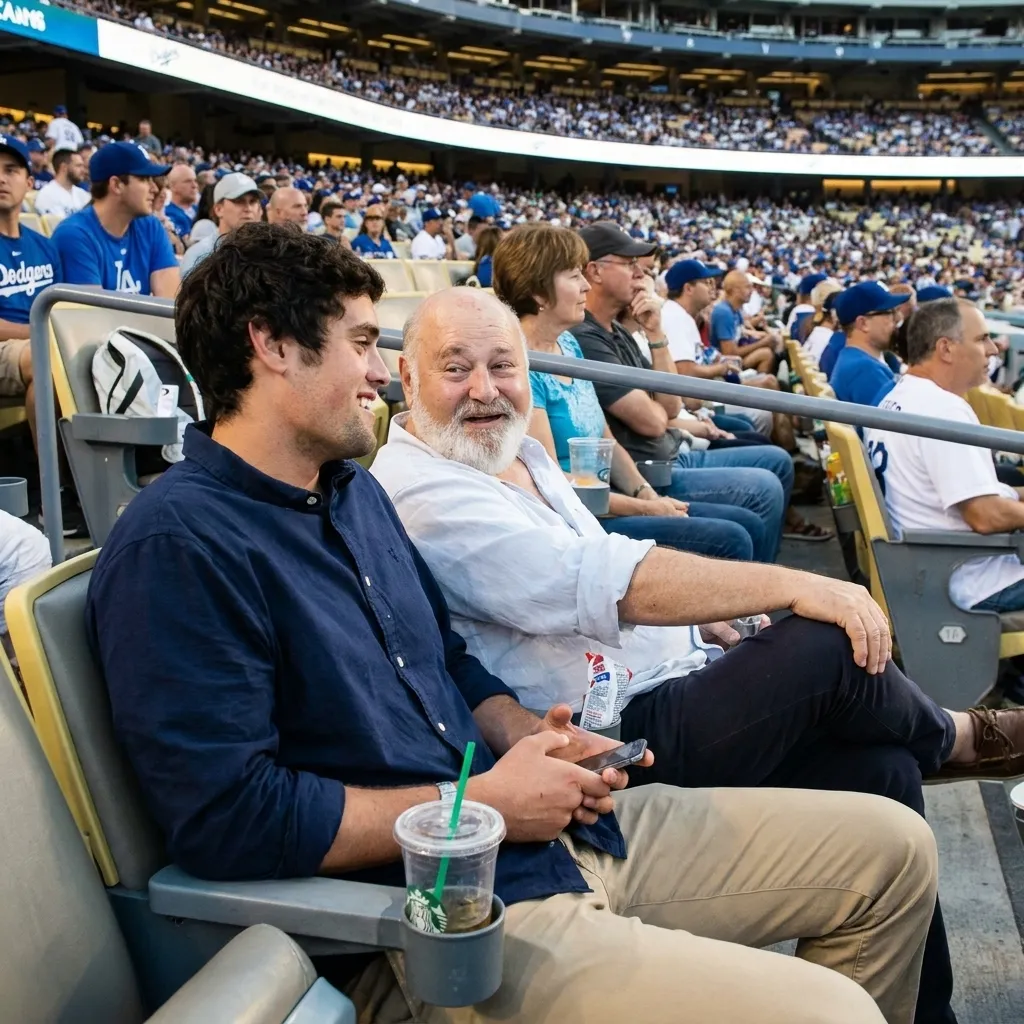 Rob Reiner and a younger man smiling and talking while sitting in the stadium stands during a baseball game.