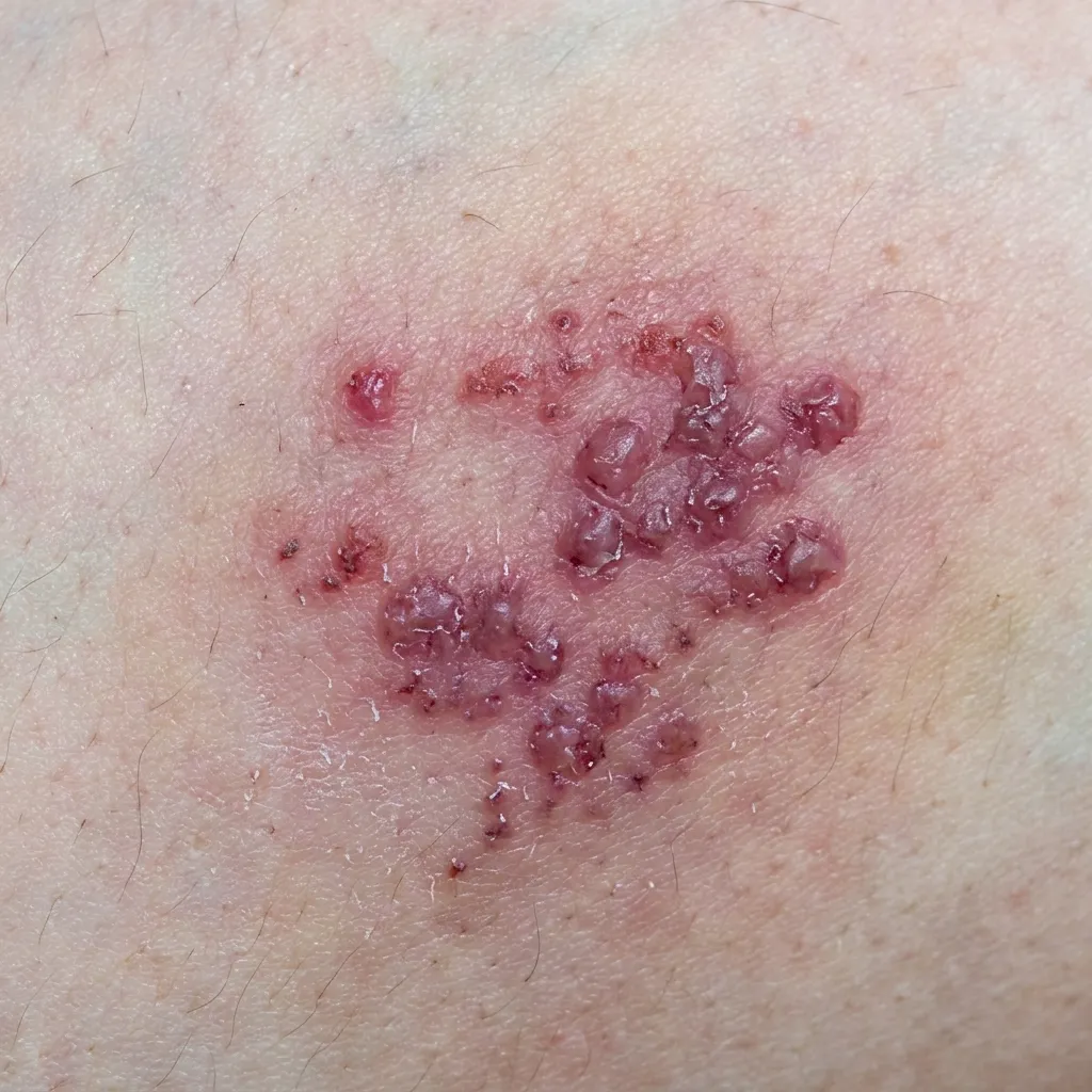 Macro view of a localized, fluid-filled blister rash on human skin, indicating a viral shingles infection.