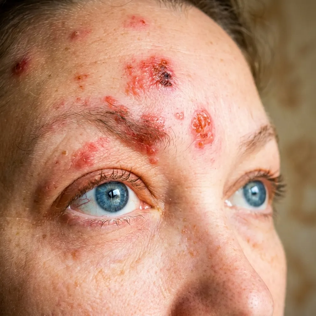 Close-up of a patient's face displaying a red, blistering skin rash characteristic of shingles across the forehead and above the eye.