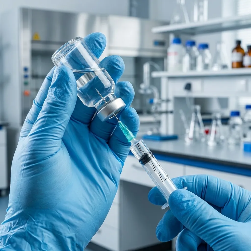 Close-up of a medical worker wearing blue surgical gloves drawing clear liquid medication from a glass vial into a syringe inside a laboratory.
