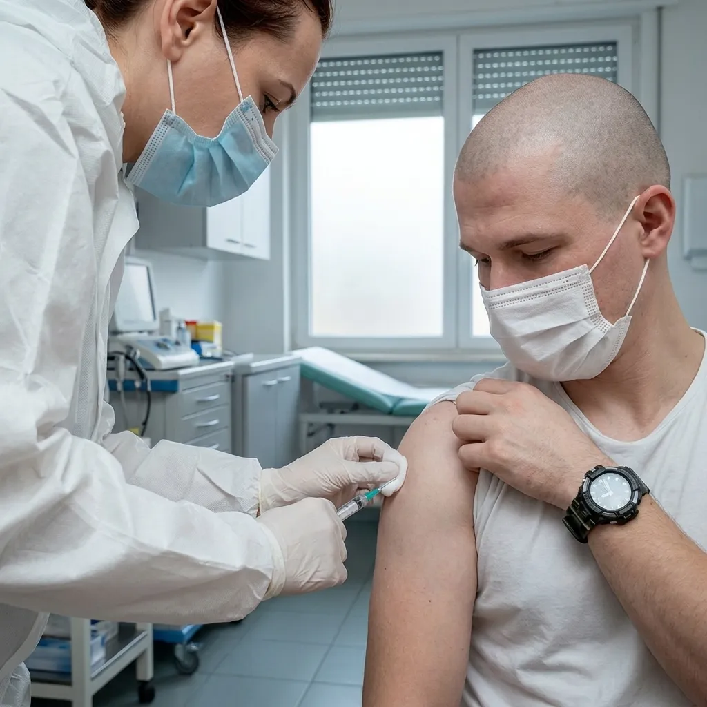 Healthcare professional in full protective personal equipment administering a vaccine injection into a masked male patient's upper arm in a clinic.