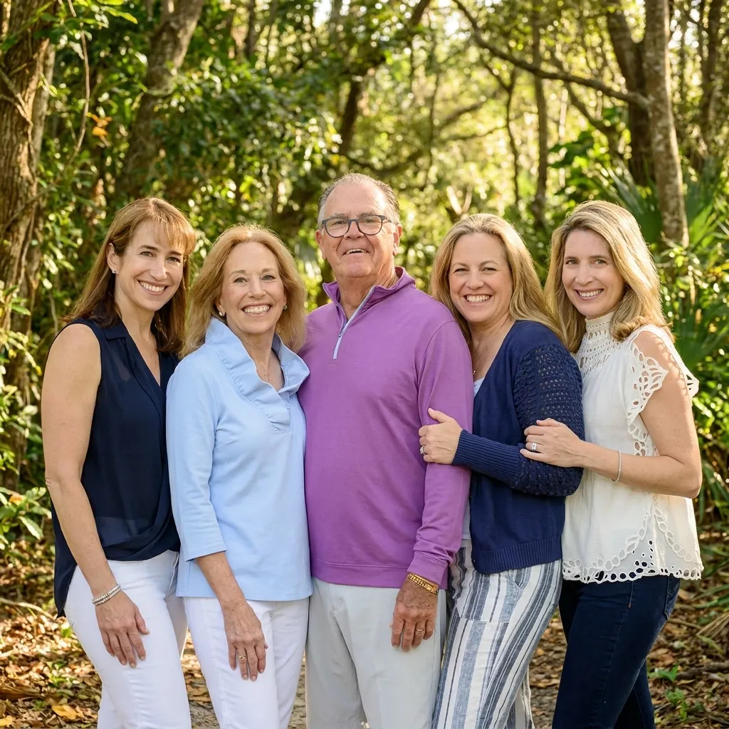 Happy multigenerational family portrait featuring senior parents and three adult daughters smiling together in a lush green wooded area.