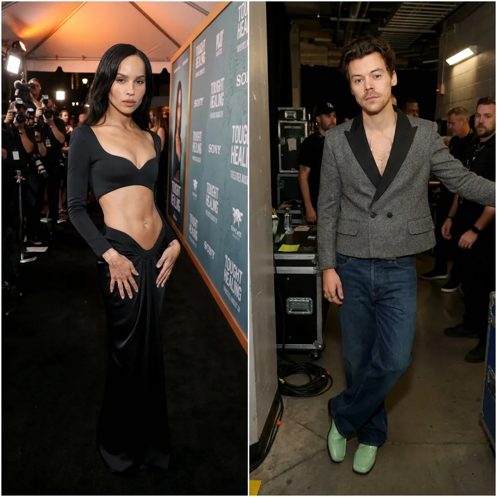 Split image of Zoe Kravitz in a black cutout crop top dress on a red carpet and Harry Styles in a grey blazer, jeans, and light green shoes standing backstage
