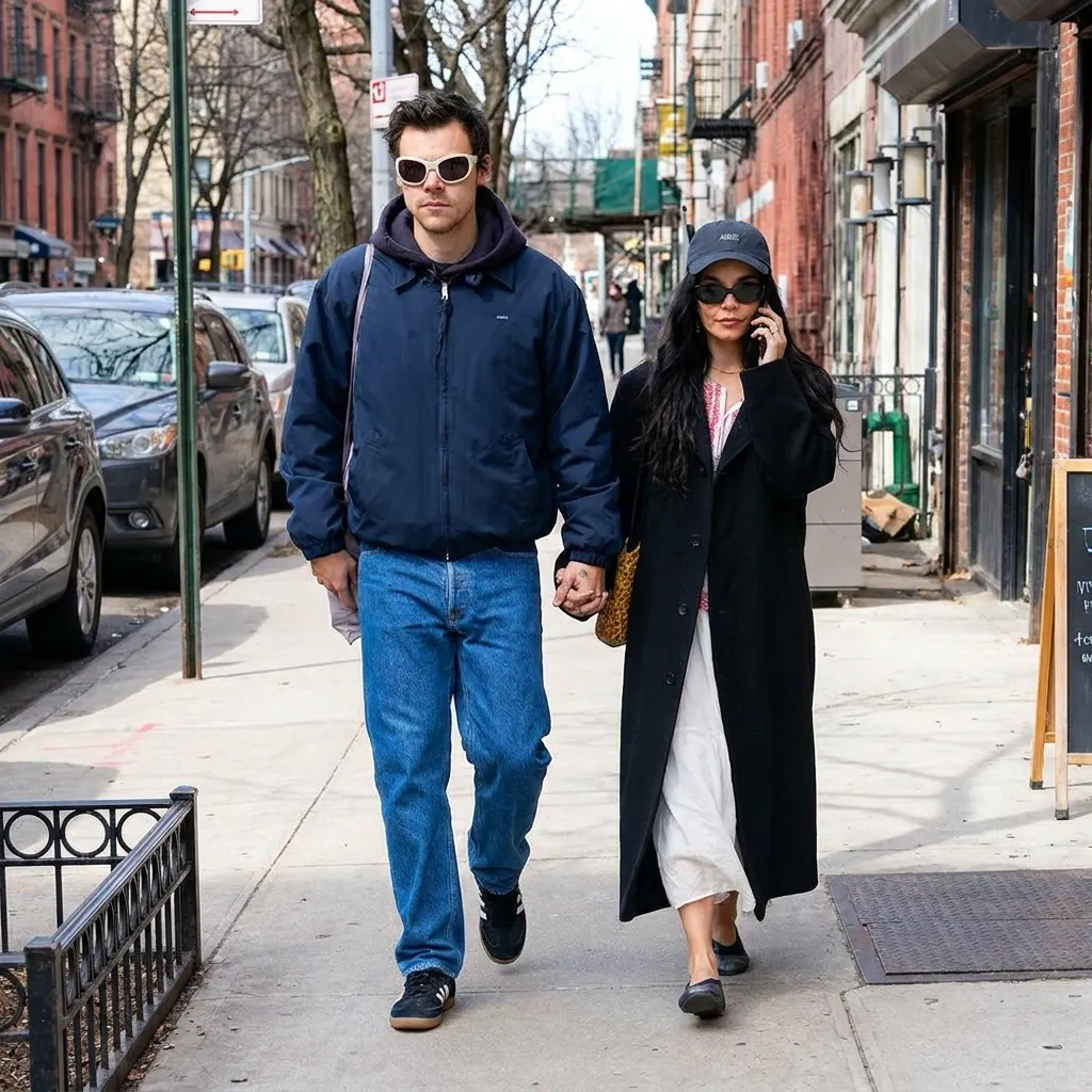 Harry Styles and Taylor Russell walking hand-in-hand down a city sidewalk in casual street style winter fashion