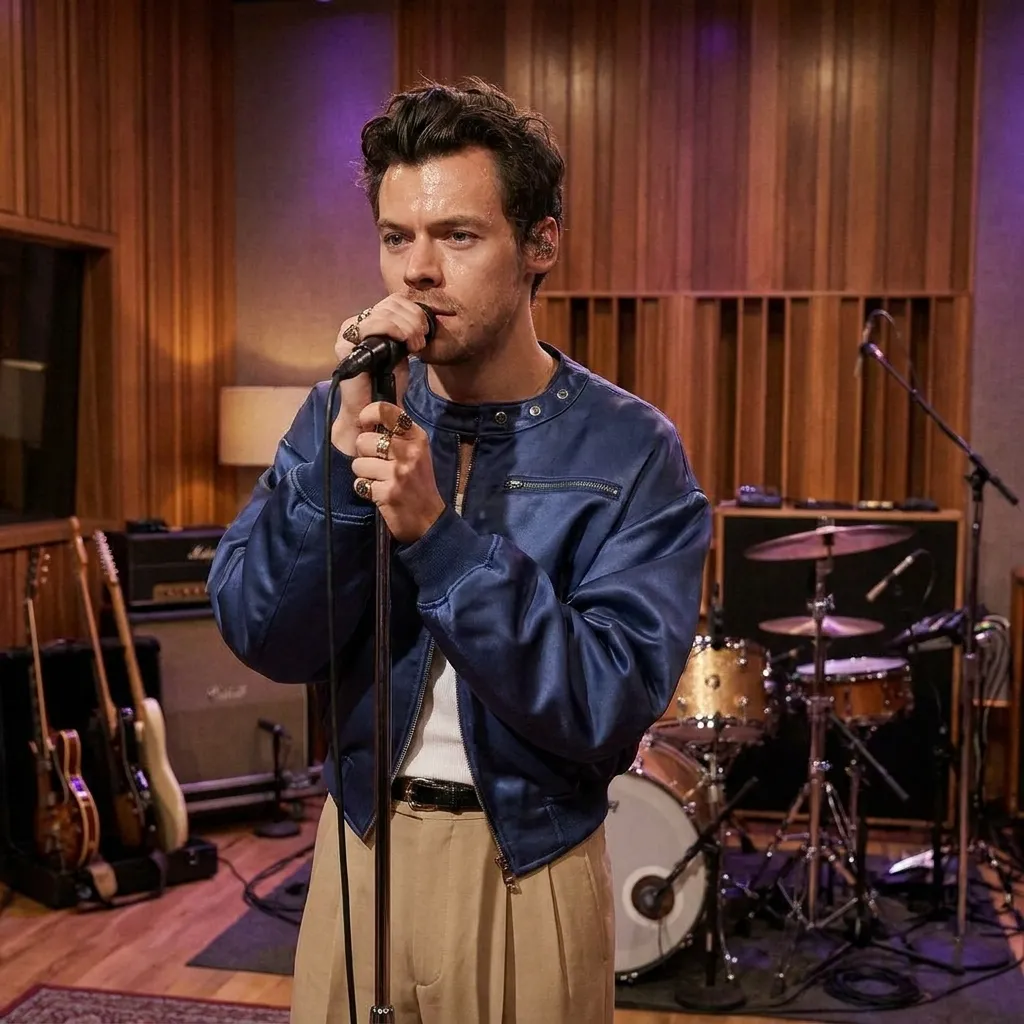 Harry Styles singing into a microphone in a recording studio wearing a shiny blue bomber jacket and khaki trousers