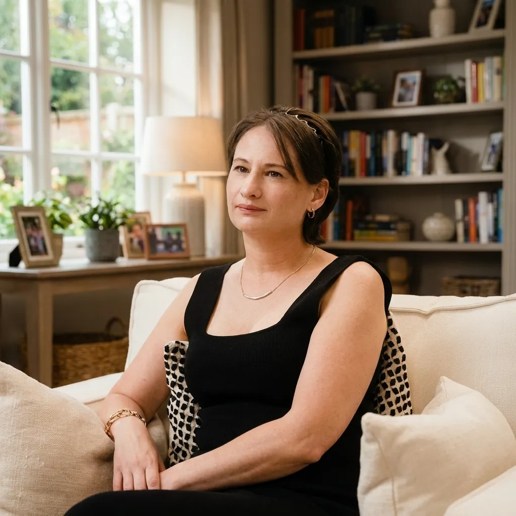 A thoughtful woman with short dark hair wearing a black square-neck top and gold jewelry, sitting on a cream armchair in a brightly lit room with a styled bookshelf and window in the background.